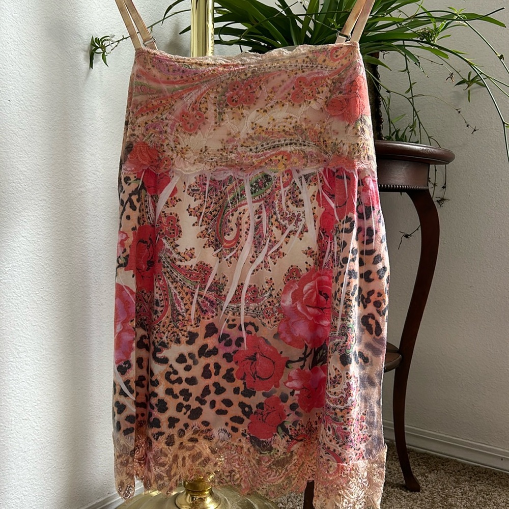 Boston proper y2k MINI dress. Leopard and rose print with lace & crystal detail